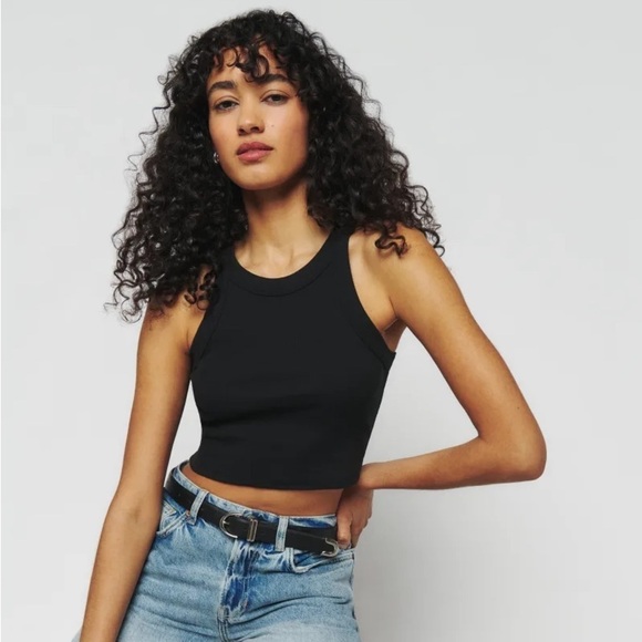 REFORMATION Tasha Cropped Raw Hem Tank In Black - Picture 1 of 3
